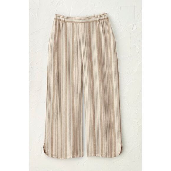 Coldwater Creek Staccato Striped Linen Crop Pants Neutral Boho Beach Vacation L‎ - Picture 1 of 9